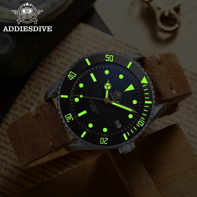 ADDIESDIVE Business Vintage Leather Wrist Watch Waterproof Automatic Mechanical Steel Watch Man European American Casual Watch
