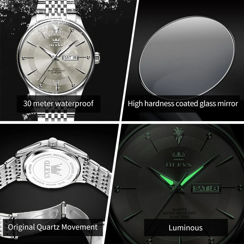 OLEVS Men's Watches Business Simply Original Quartz Watch for Man Waterproof Stainless Steel Luminous Hands Date Week