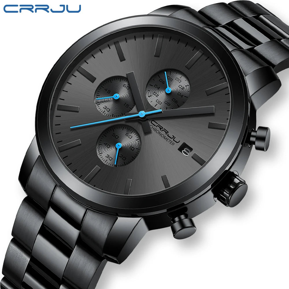 CRRJU Fashion Business Mens Watches with Stainless Steel Waterproof Chronograph Quartz Watch for Men, Auto Date