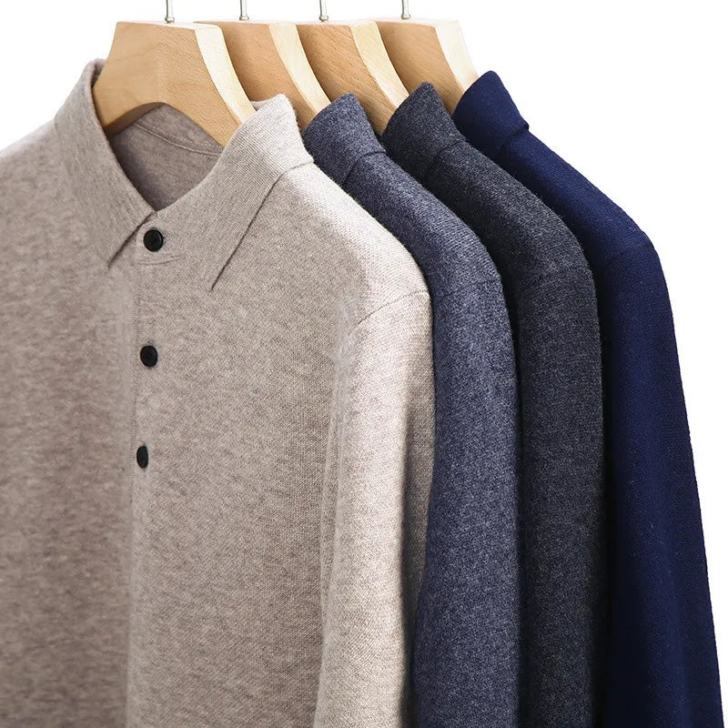 Cashmere Cotton Blend Polo Collar Sweater Men Tops 2023 Autumn Winter Mature Male Business Casual Turndown Knitted Wool Pullover