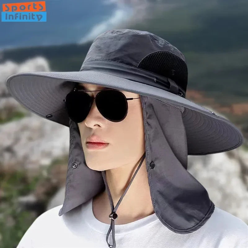 Men Sunshade Hat Big Eave Sunscreen Caps Outdoor Sports Sun Protection Hat Work Climbing Fishing Hiking Caps with Sunscreen Mask