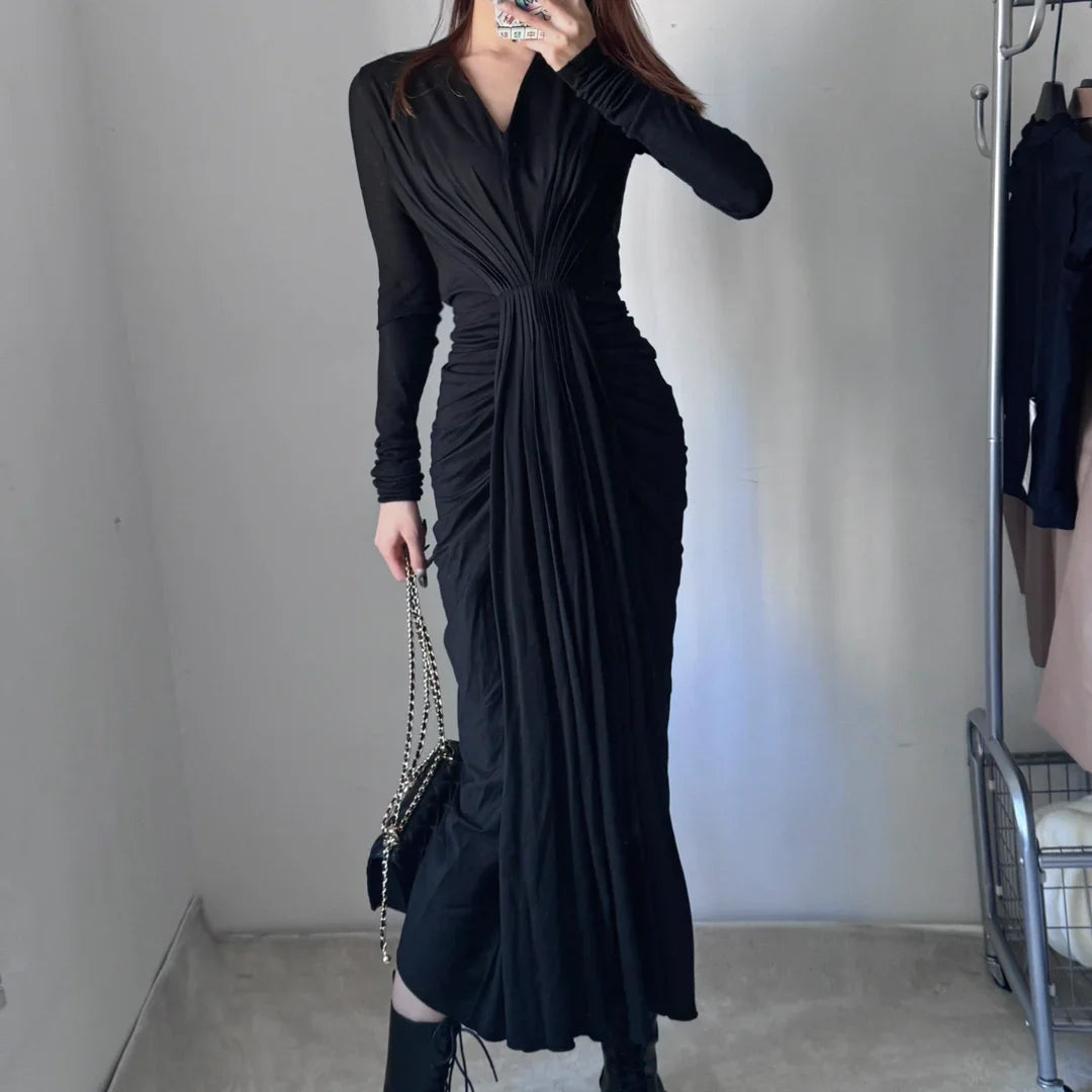 Spring Owens Dress for Women Knitted Long Sleeve Gowns Dresses 1:1 Higher Quality Women Clothing V-neck Pleated Design Skirt