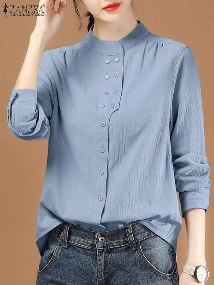 ZANZEA Chinese Style Vintage Blouse 2023 Cotton Long Sleeve Shirt Fashion Autumn Women Double Breasted Top Casual Oversize Blusa