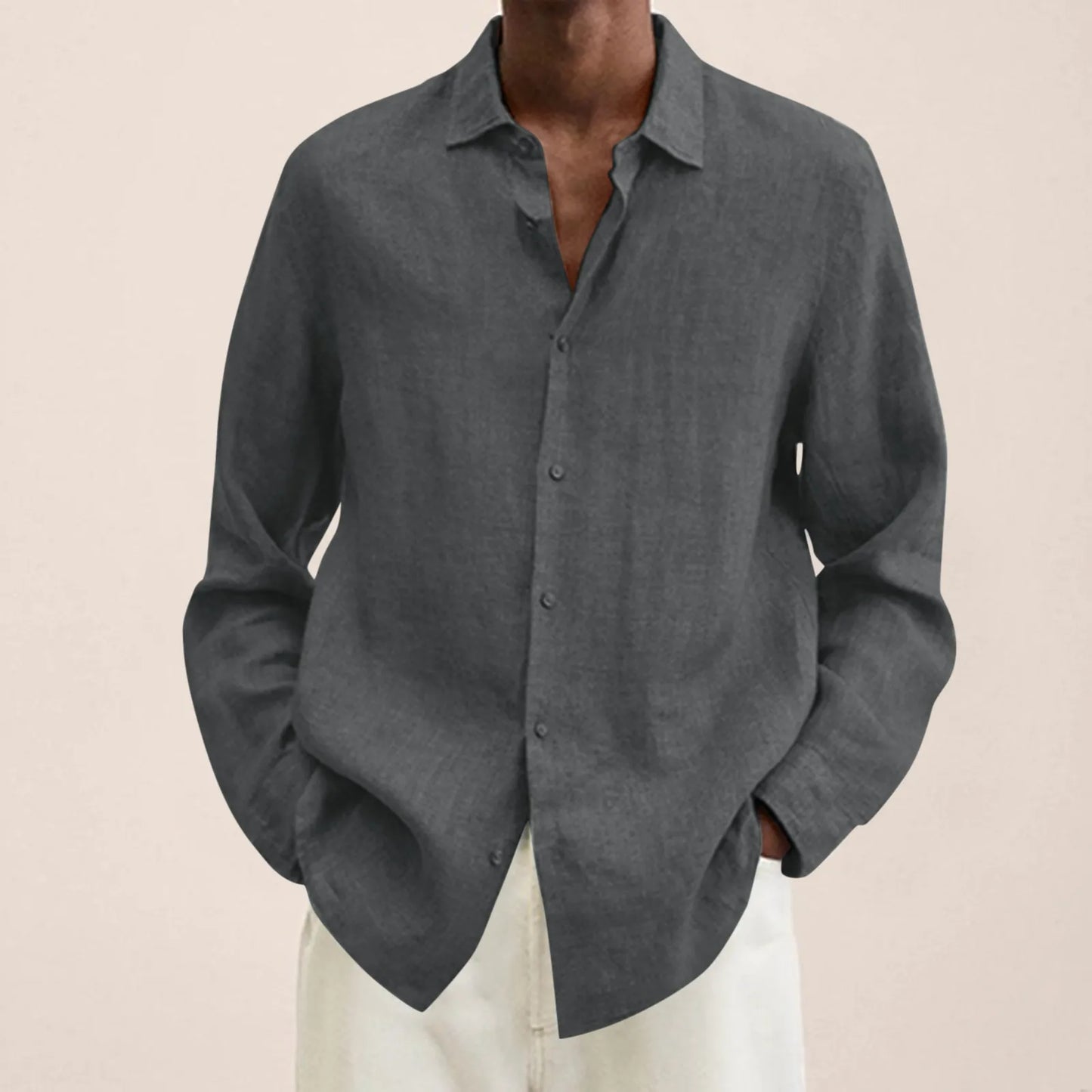 Pure Blue Cotton Linen Shirt Tops Casual Plus Size Loose Shirt Mens Turn Down Collar Long Sleeve Men‘S Work Breathable Cardigan