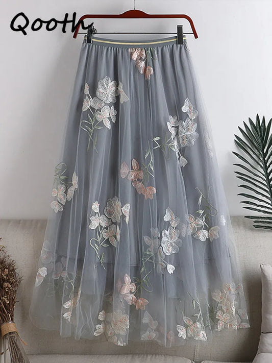 Qooth Women Embroidery Flower Tulle Gauze Skirt Elegant Sweet Elastic Waist Midi Floral Mesh Skirt For All Season QT2185