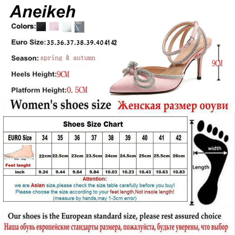 Aneikeh PVC Style Glitter Rhinestones Women Pumps Crystal Bowknot Satin Lady Silk High Heels Party Shoes 2024 Spring Size 35-42