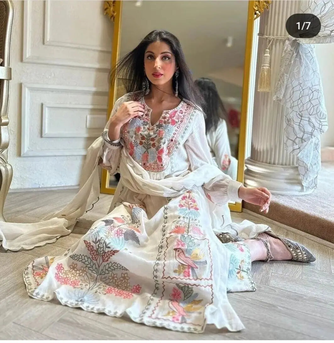 Salwar Kameez White Embroidery Wedding Party Wear Kurta Palazzo Dupatta Handmade Cotton Fabric Gift Suit