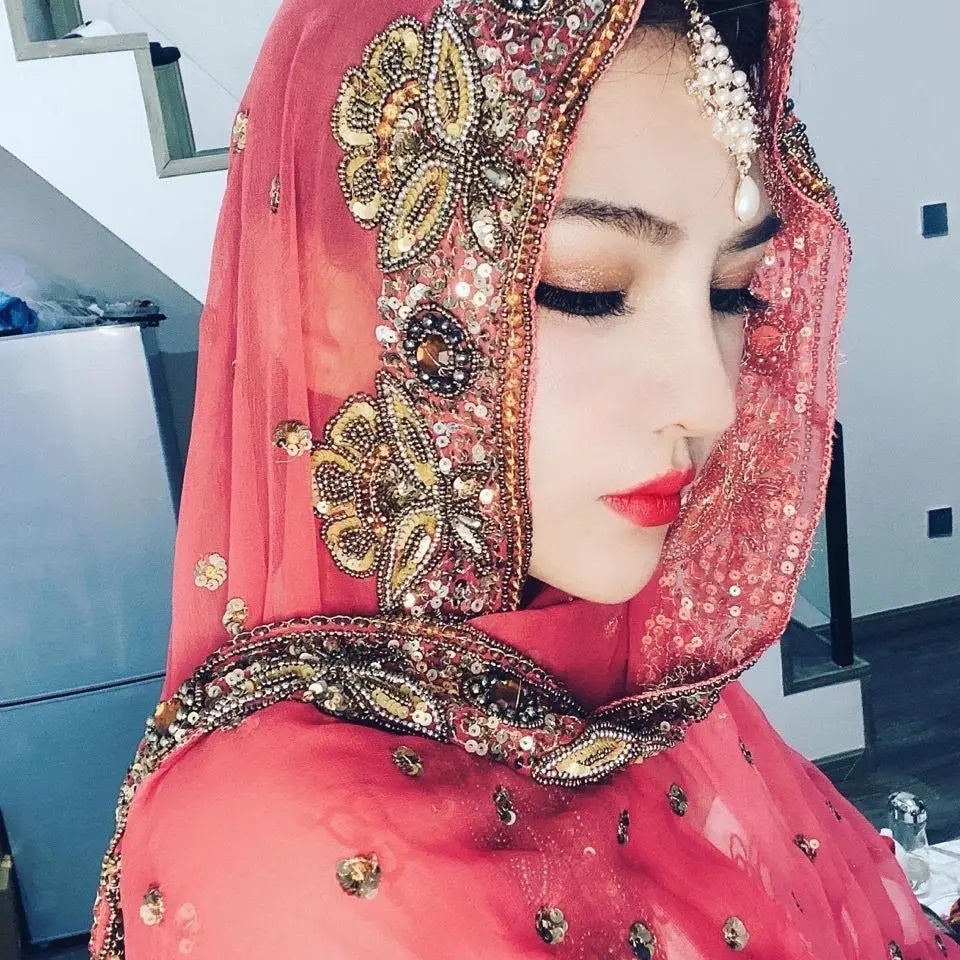 Indian Sari Nepalese Ethnic Style Handmade Sari Embroidered Beaded Shawl Scarf Wedding Head Scarf Women