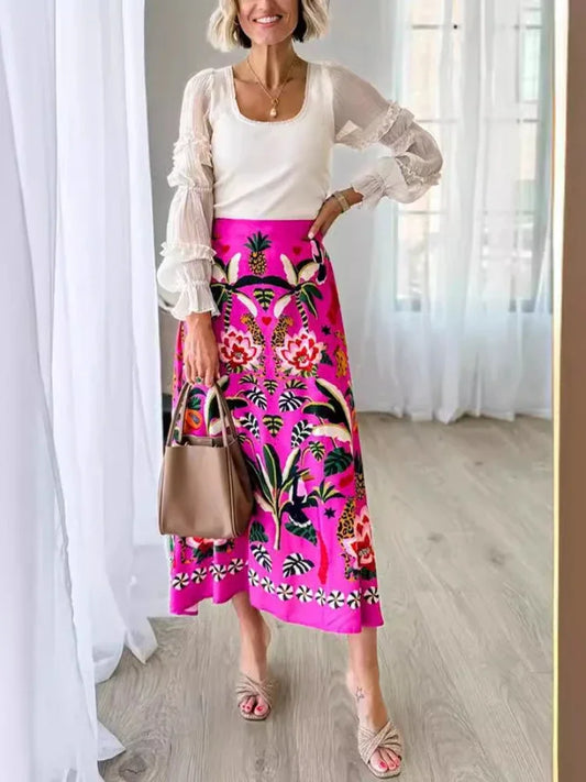 2024 Spring/Summer New Street Tropical Plant Print Retro Half Skirt Women's Elegant Lower Half Colored Printed Half Skirt