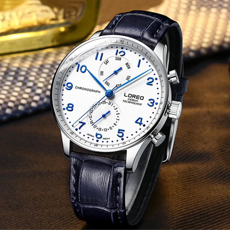 LOREO Pilot Blue Dial Business Men Classic Design Leather Watchband Waterproof Quartz Watch Watches Montre Homme Dropshipping
