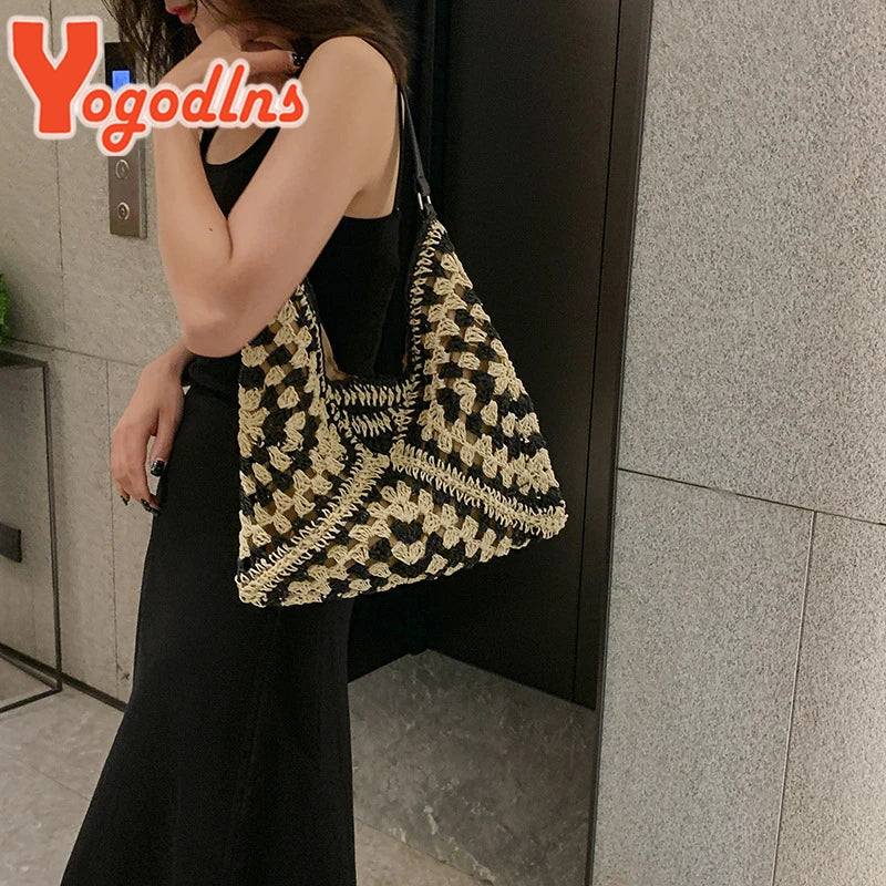 Yogodlns Women Weaving Clutches Top-handle Bag Large  Portable Shoulder Bag Summer Beach Purses Shopper Satchel Female Tote Bags