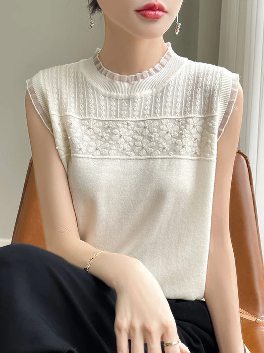 Summer new women's sweater lace wood ear 100% pure merino sweater sleeveless O-neck hollow T-shirt