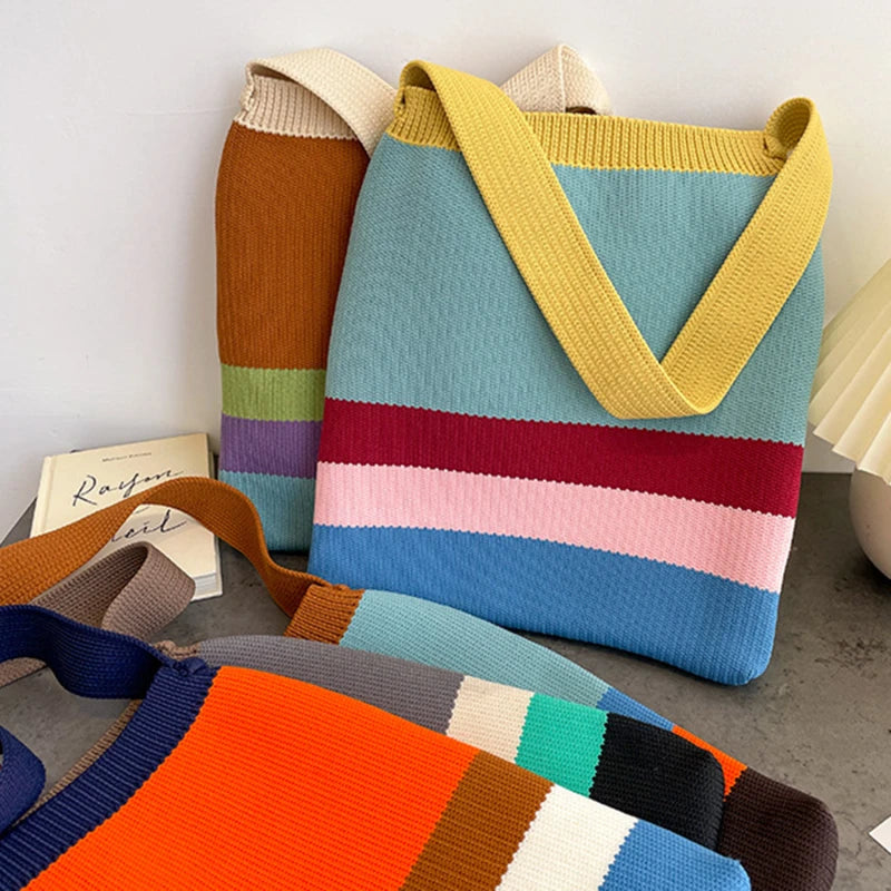Women's Knitted Striped Shoulder Bag Female Woven Crossbody Handbag Eco Large Capacity Shopper Bag Retro Rainbow Storage Bag