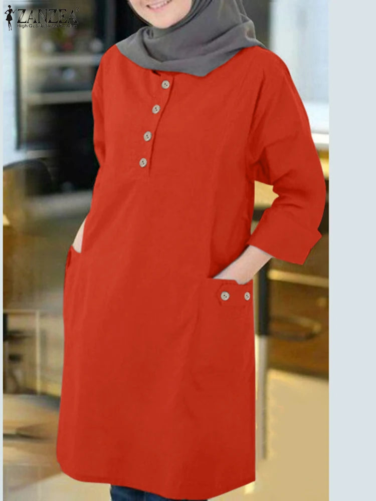 Vintage Long Shirts ZANZEA Muslim Fashion Tops For Women Autumn Blouse Casual O Neck Long Sleeve Shirt Turkey Abaya Button Blusa