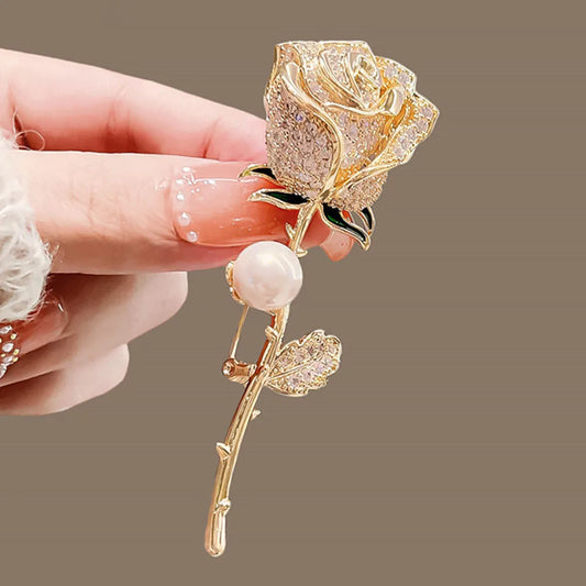 Elegant Gold Color Rose Flower Brooches For Women Girls Rhinestone CZ Luxury Women Accessories