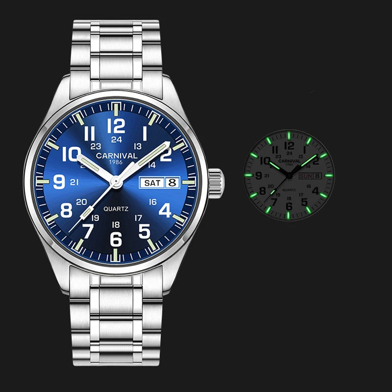 CARNIVAL Brand Watches Men Luminous Tube Waterproof Sport Men's Quartz Watch Man Stainless Steel Strap Reloj Hombre