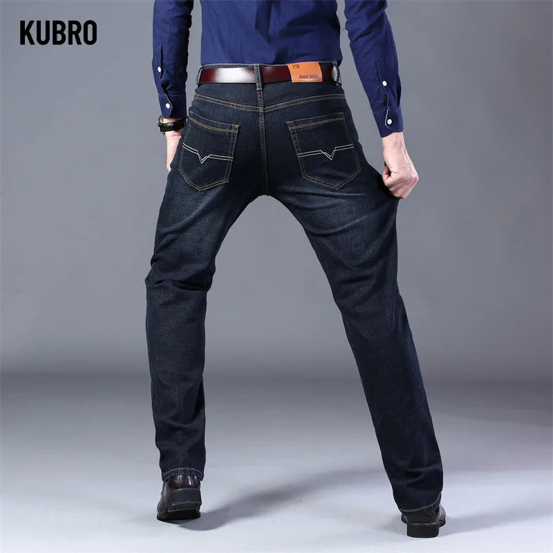 KUBRO Men Business Stretch Men's Jeans Men Korean Fashion Straightleg Versatile Denim Long Loose Pants Trendy Business Trousers