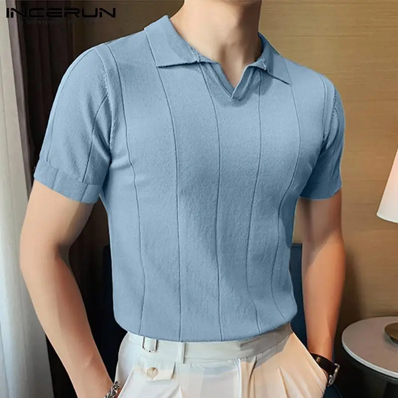 INCERUN 2024 Men Shirt Lapel Short Sleeve Streetwear Solid Color Fitness Casual Men Clothing Korean Style Leisure Shirts S-5XL