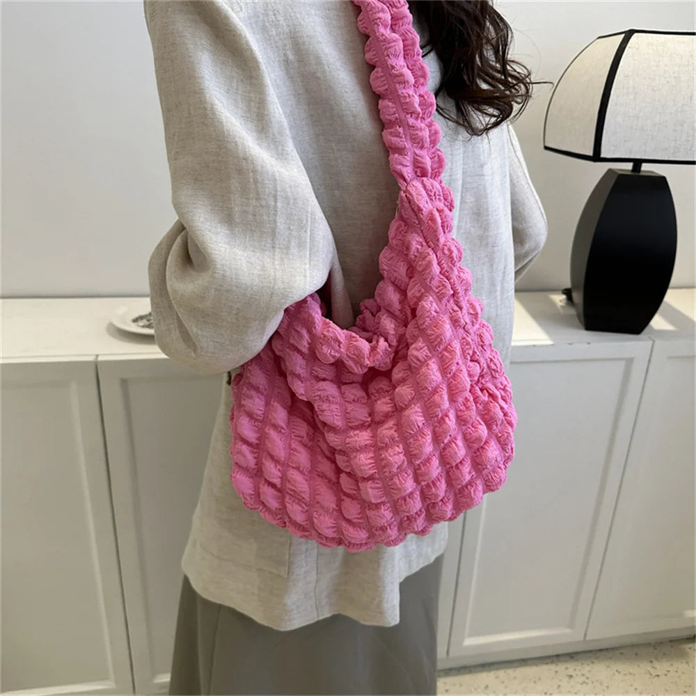 Crossbody Bag With Pleated Design Embroidered Plaid Shoulder Bag Underarm Bags Simple Large Capacity Quilted Tote Bags For Women
