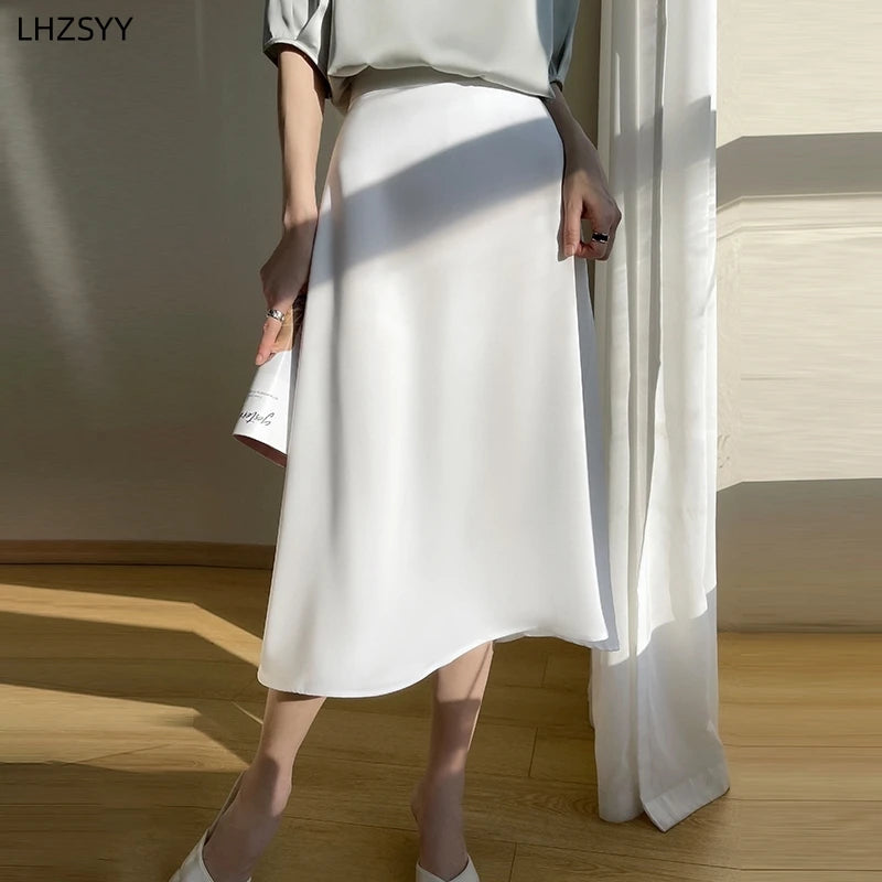 LHZSYY Silk Satin A-Word Big Swing Skirt' Ladies New High-Waist Hip Long Skirt 2024Summer Fashion Solid Wild Mulberry silk Skirt