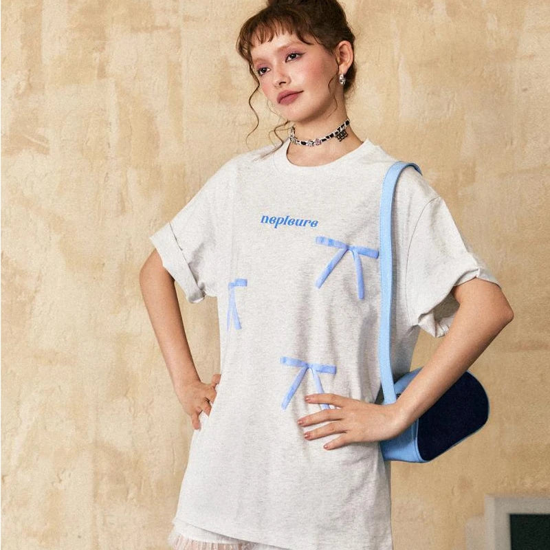 Fashionable Korean design bow printed short sleeved T shirt for women 2024 summer Y2K new niche American half sleeved top
