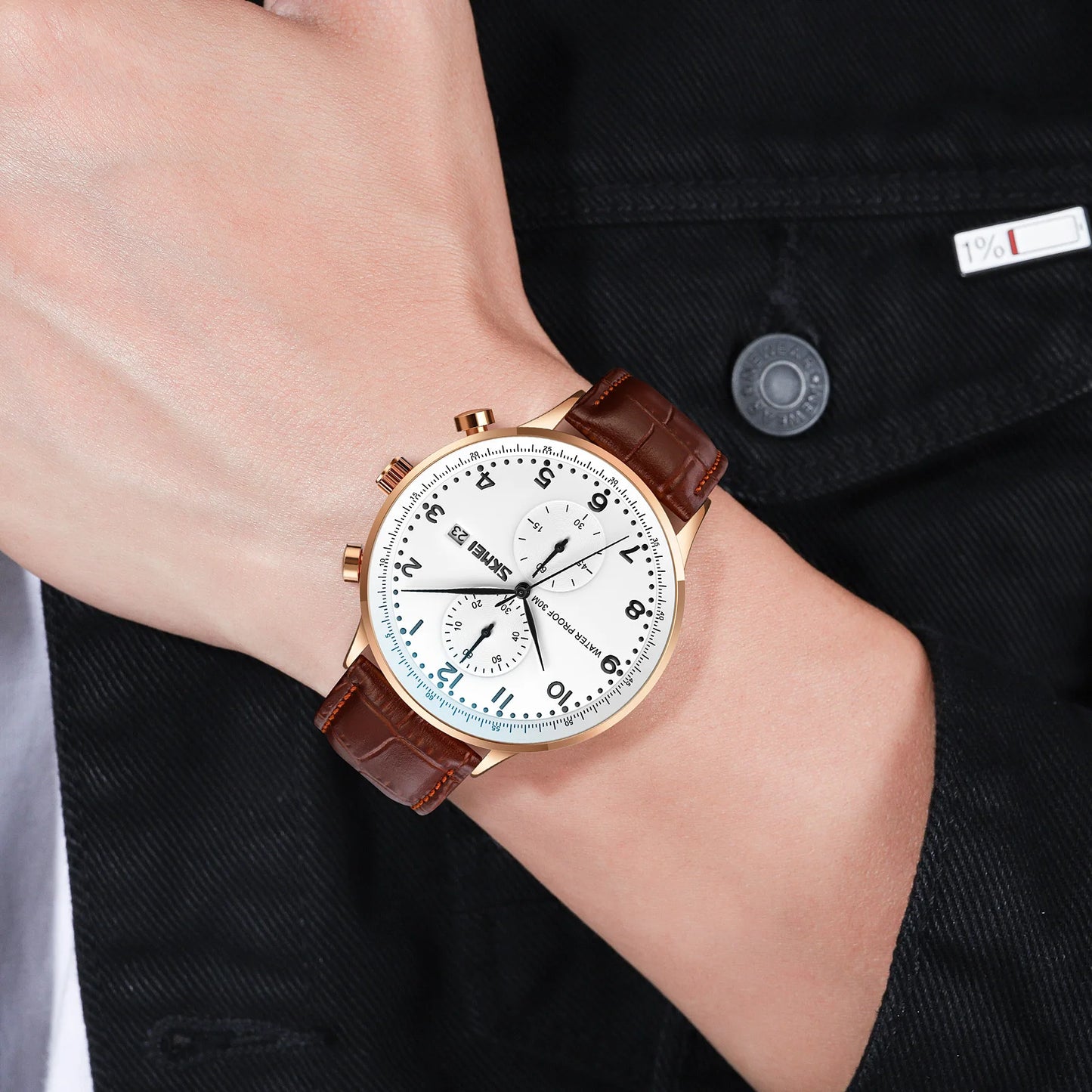 SKMEI 9301 Mens Top Brand Luxury Genuine Leather Strap Waterproof Date Wristwatch Clock reloj hombre Stopwatch Quartz Watches
