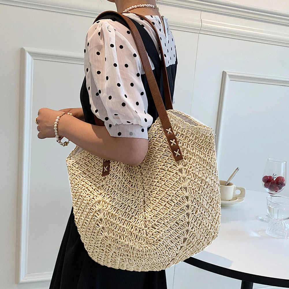 Summer Straw Bags for Women Straw Shoulder Bags Rattan Woven Top Handle Bag Hollow Raffia Crochet Beach Bag Casual Handbags 2023