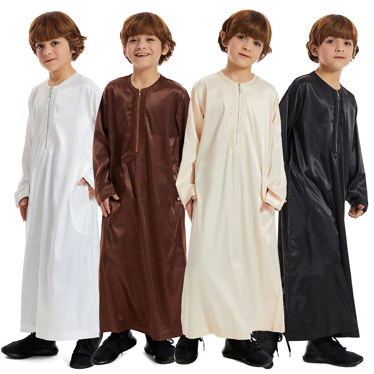 Muslim Kids Boys Jubba Thobe Robe Arabic Islamic Middle Eastern Teen Zipper Long Sleeve Robes Ramadan Daffah Dishdasha Clothing