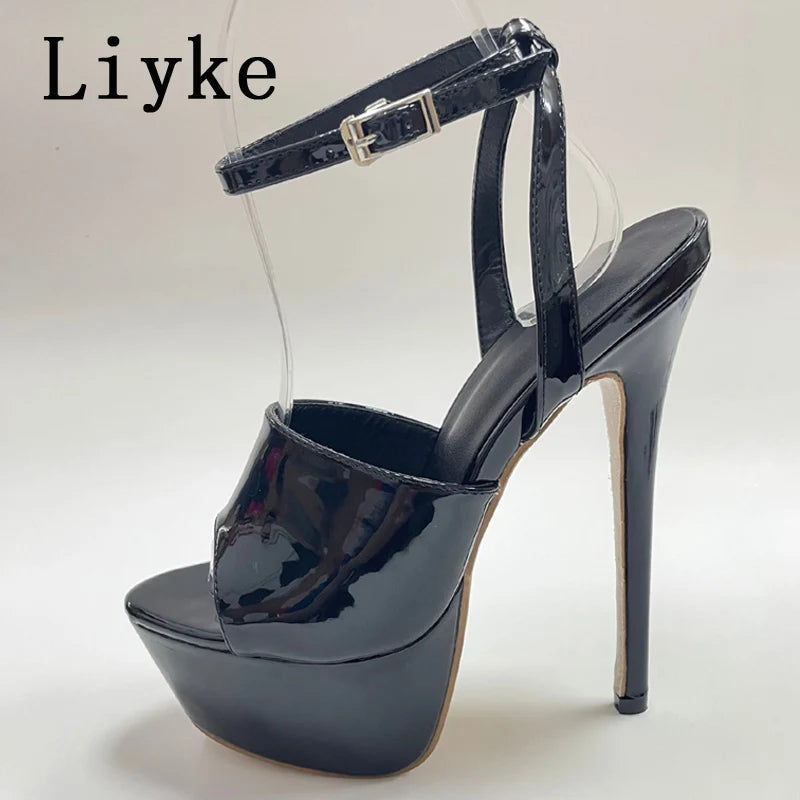 Liyke Summer 16 CM Super High Heels Sandals Women Platform Pumps Fashion Open Toe Buckle Strap Ladies Party Stripper Shoes Black