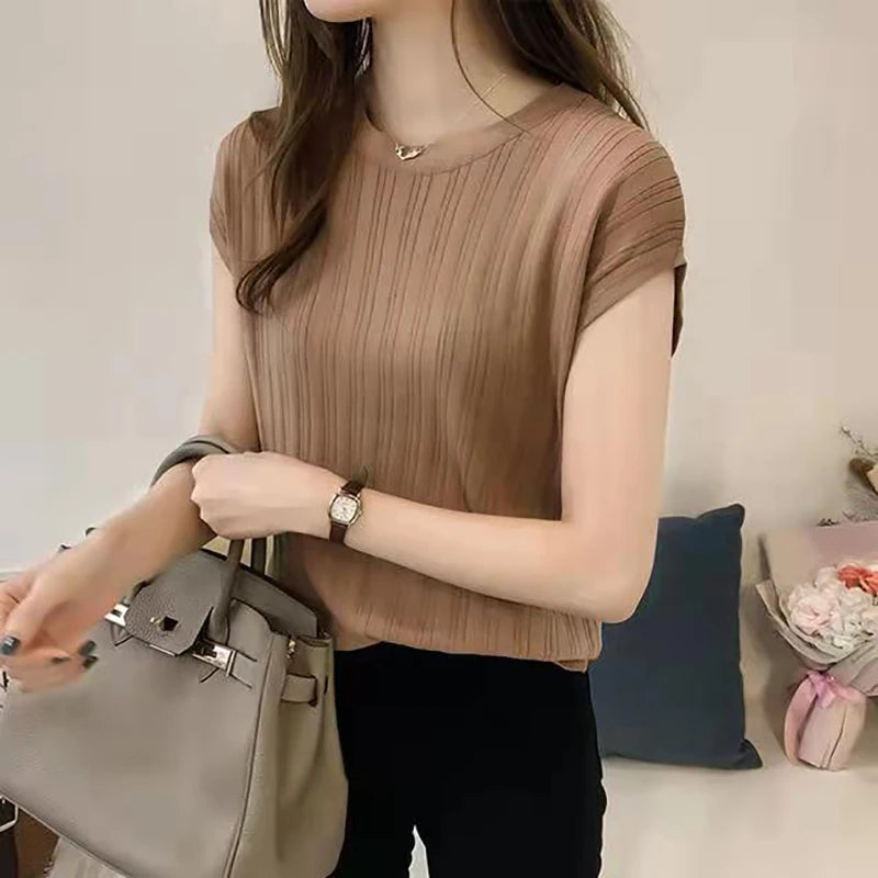 HELIAR Women Knitted Loose T-shirts Solid Short Sleeve Bottoming Shirts O-Neck Casual Tees Tops For Women 2024 Summer