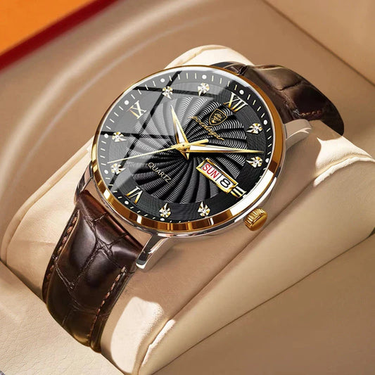 POEDAGAR Business Mens Watches Waterproof Sport Casual Genuine Leather Strap Calendar Quartz Wristwatch For Man Luminous Clocks