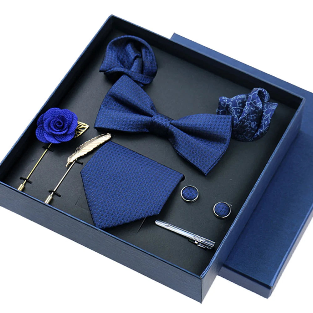 8-piece Set Bussiness Blue Ties For Mans Floral Brooches Pin Cufflinks Tie Clips Butterfly Bowtie Wedding Accessori Gift Box Set
