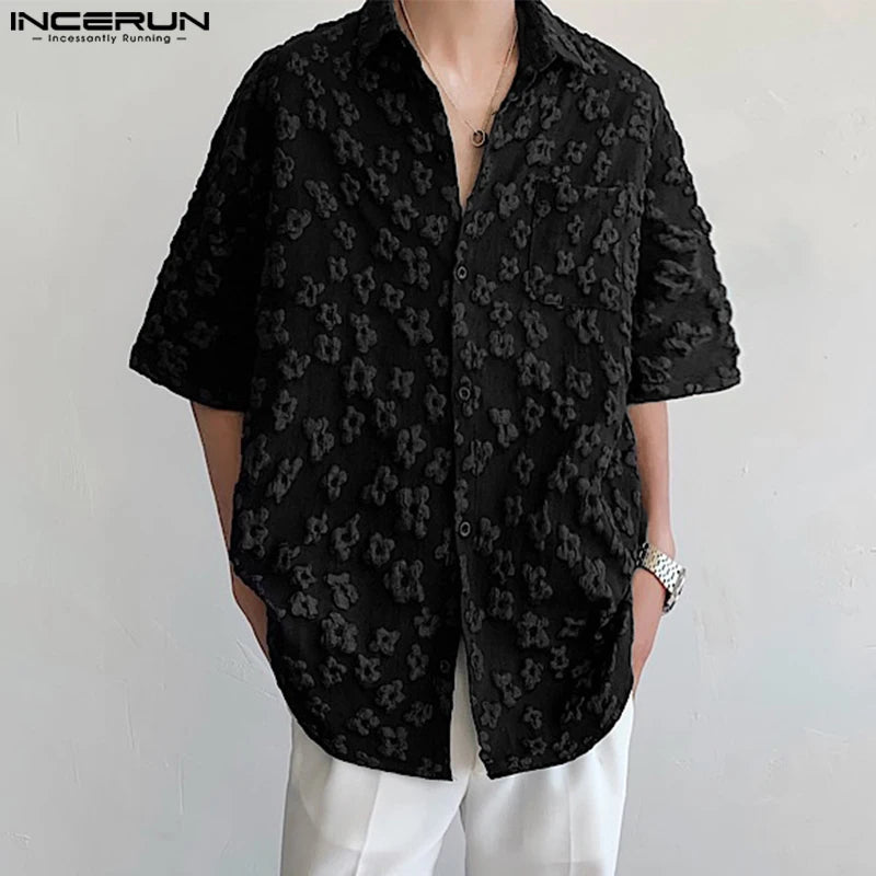 INCERUN Men Shirt Flower Jacquard Loose Korean Style Lapel Short Sleeve Men Clothing Streetwear 2024 Fashion Casual Shirts S-5XL