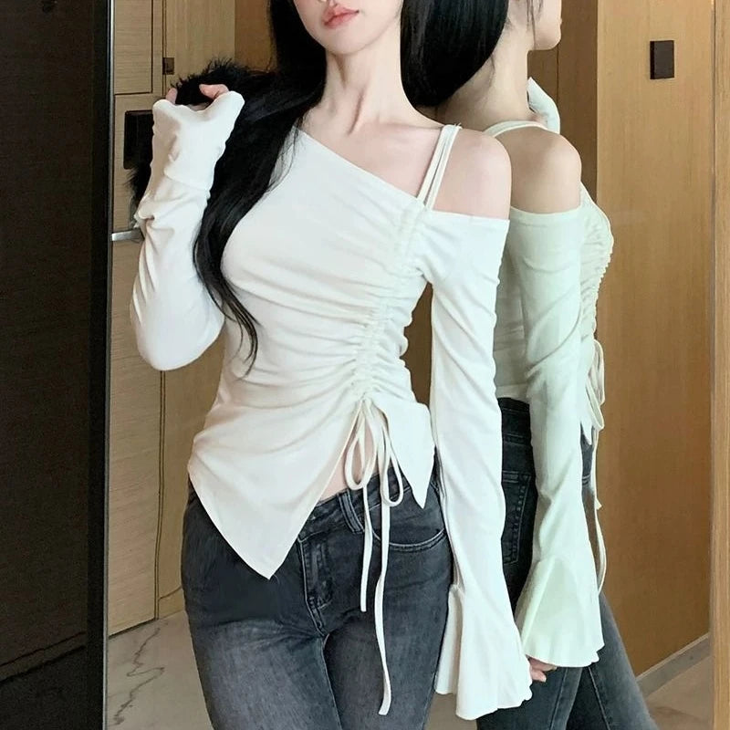 Spring Autumn Cotton Flare Sleeve T Shirts Women Solid Bodycone Basic Long Sleeve Crop Tops Casual Shirring Off-shoulder Tees