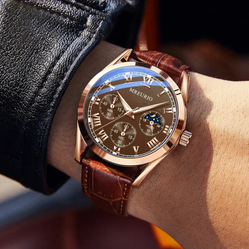 Luxury Brand Watch Men Quartz Watches Leather Strap Fake Three Eye Fashion Business Wristwatches Dropshipping Часы Мужские Reloj