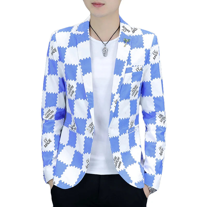 Fashion trend plaid Print Men Blazer Jacket Design Spring Autumn Stylish Casual Male Slim Fit Suit Jacket Coat
