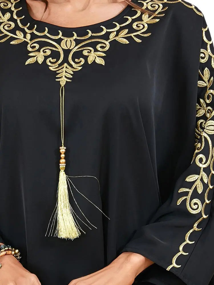 Muslim Floral Golden Embroidery Casual Abaya Long Sleeve Batwing Sleeve Tassel Dress Moroccan Dubai Abaya Women Robe Dubai Abaya