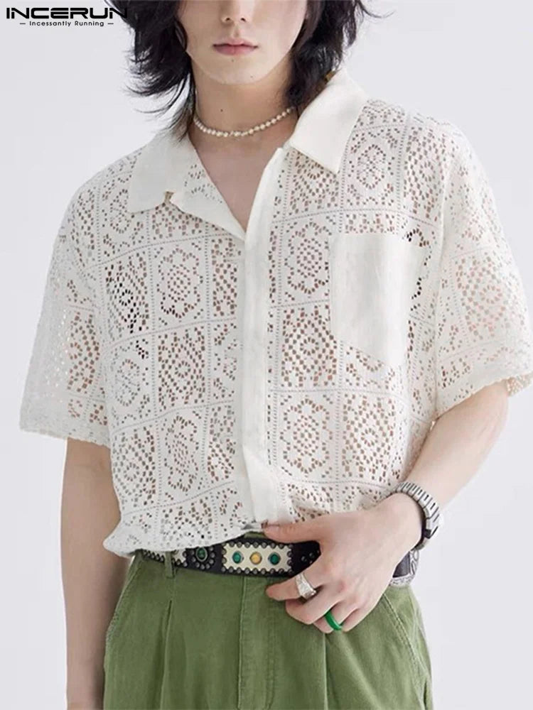 Fashion Casual Style New Men's Tops INCERUN Hollow Lace Pane Flower Printed Blouse Male Knitted Short-sleeved Shirts S-5XL 2023
