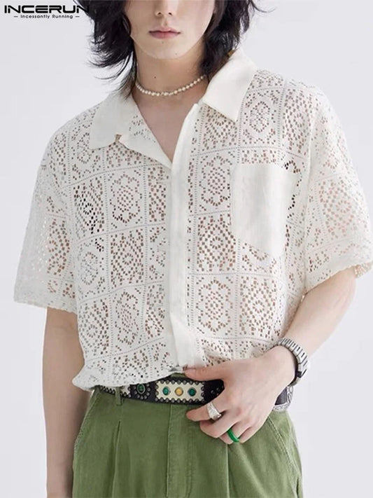 Fashion Casual Style New Men's Tops INCERUN Hollow Lace Pane Flower Printed Blouse Male Knitted Short-sleeved Shirts S-5XL 2023
