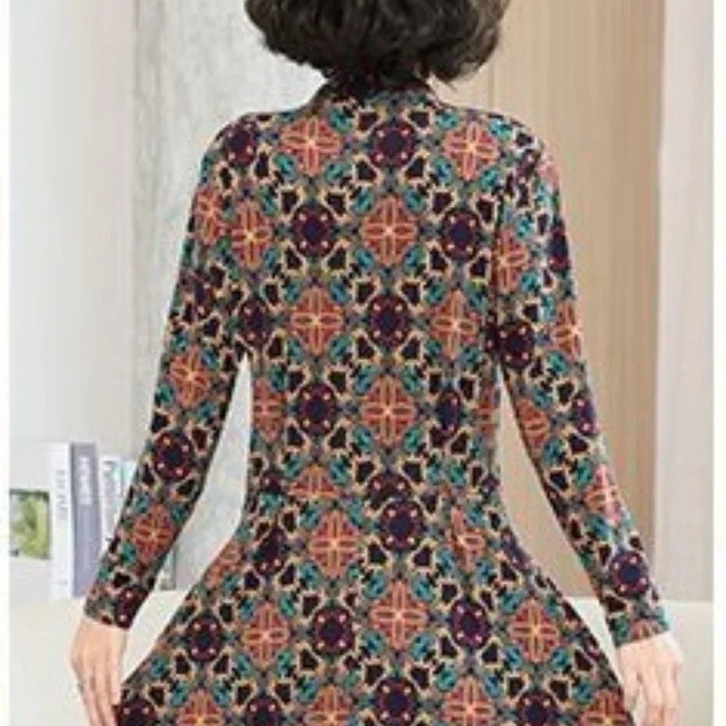 2023 New Spring and Autumn Women's Pullover Round Neck Patchwork Printing Button Waist and Slim Style Bottom Long Sleeved Dress