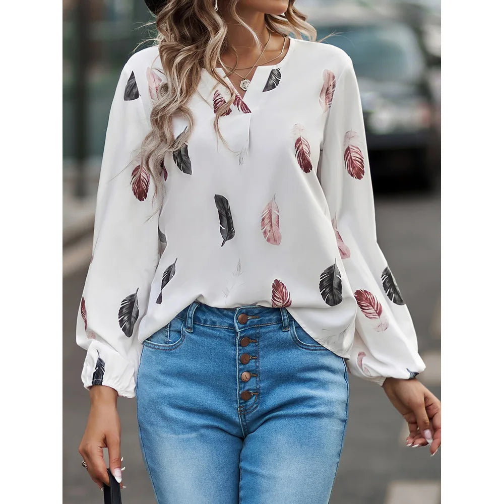 Fashion Woman Blouse Shirts For Women Stylish Top long Sleeve Feather Pattern Female Tops Elegant Chiffon Mujer Woman Clothes