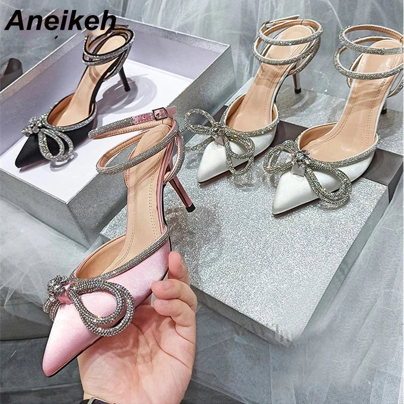 Aneikeh PVC Style Glitter Rhinestones Women Pumps Crystal Bowknot Satin Lady Silk High Heels Party Shoes 2024 Spring Size 35-42