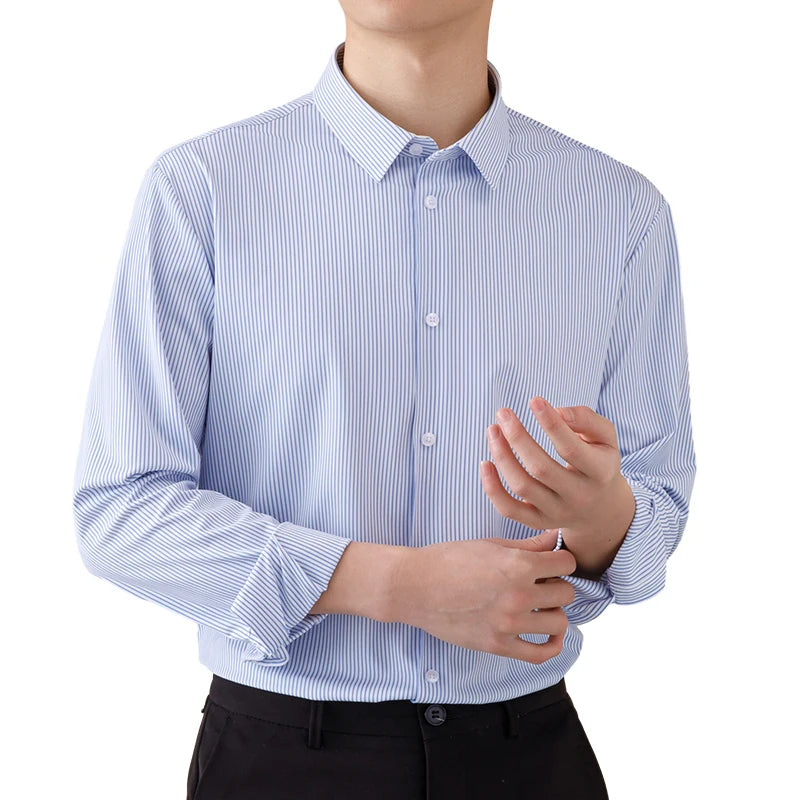 New High Stretch Stripe Anti-Wrinkle Men Shirts Long Sleeve Dress Shirts High Quality Men Slim Fit Social Business Blouse Shirt