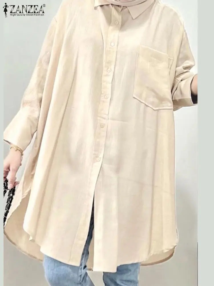 Casual Lapel Neck Muslim Tops ZANZEA Fashion Oversize Shirt Women Autumn Long Sleeve Blouse Summer Eid Mubarek Ramadan Blusas