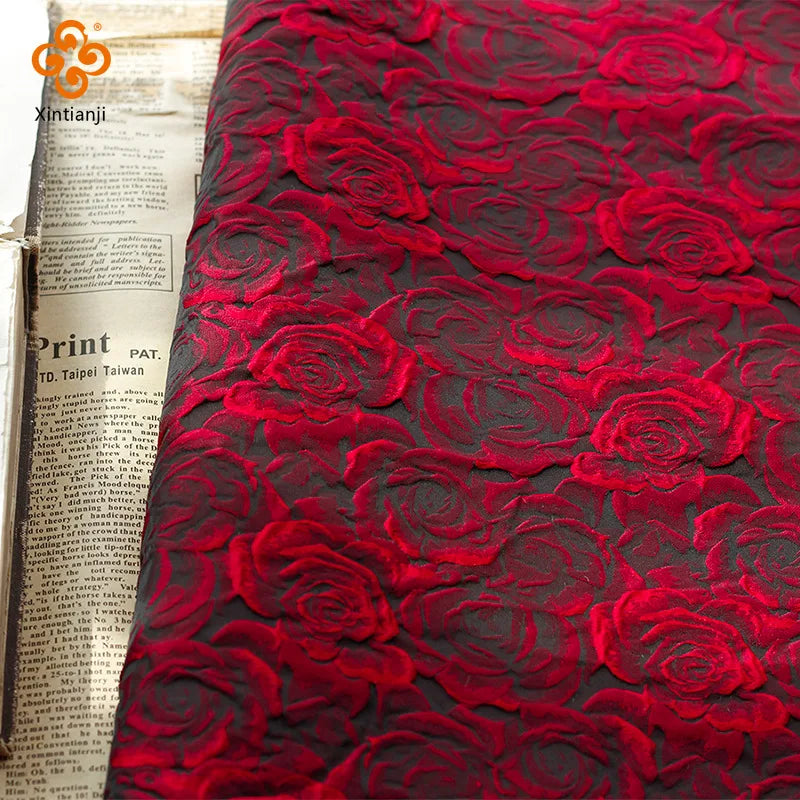1 Yard Embossed Dark Red 3D Rose Jacquard Fabric Black Yarn-dyed Jacquard Cloth Women's Dress Suit Bag DIY Sewing Fabric TJ7517