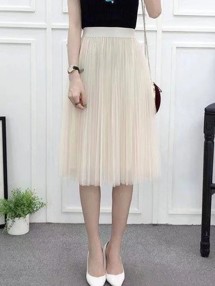 ZOKI Elegant Women Tulle Skirt  Korean Fashion Mesh White A Line Ladies Pleated Skirt Summer Chic High Waist Black Party Faldas