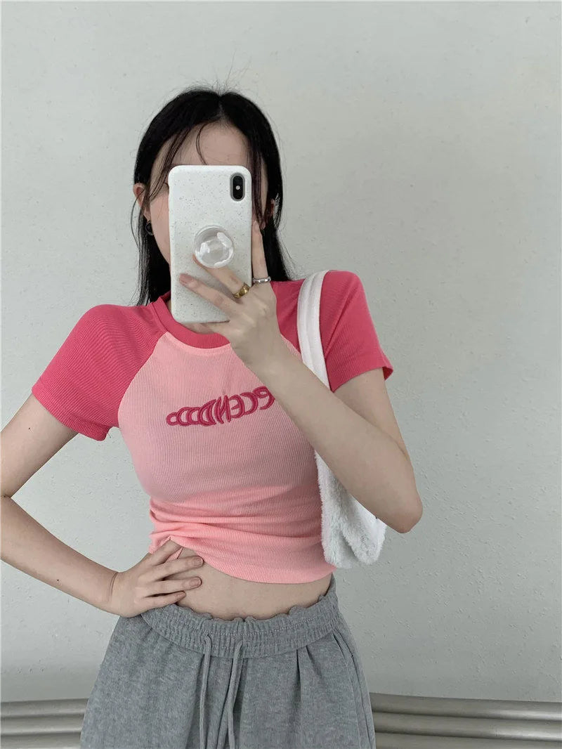 2024 Summer Streetwear Cartoon Letter Print Tops Tshirt Korean Style Slim Elasticity O-Neck T-Shirt Clothes Women Tee Crop Tops