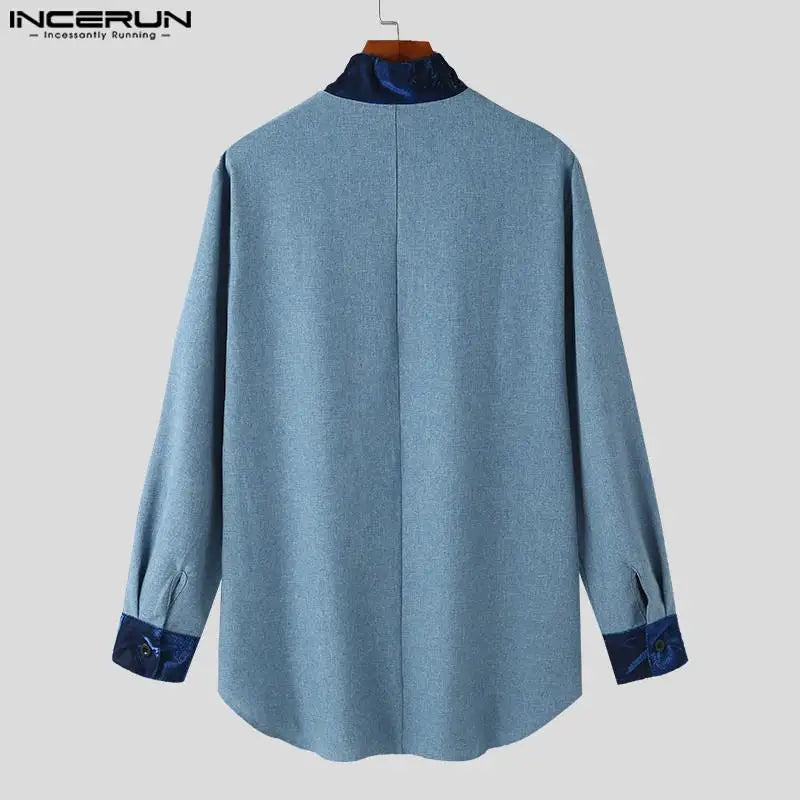 INCERUN Tops 2024 Muslim Style Hot Sale Mens Shirts Muslim Dual Color Patchwork Design Standing Collar Long Sleeved Blouse S-5XL
