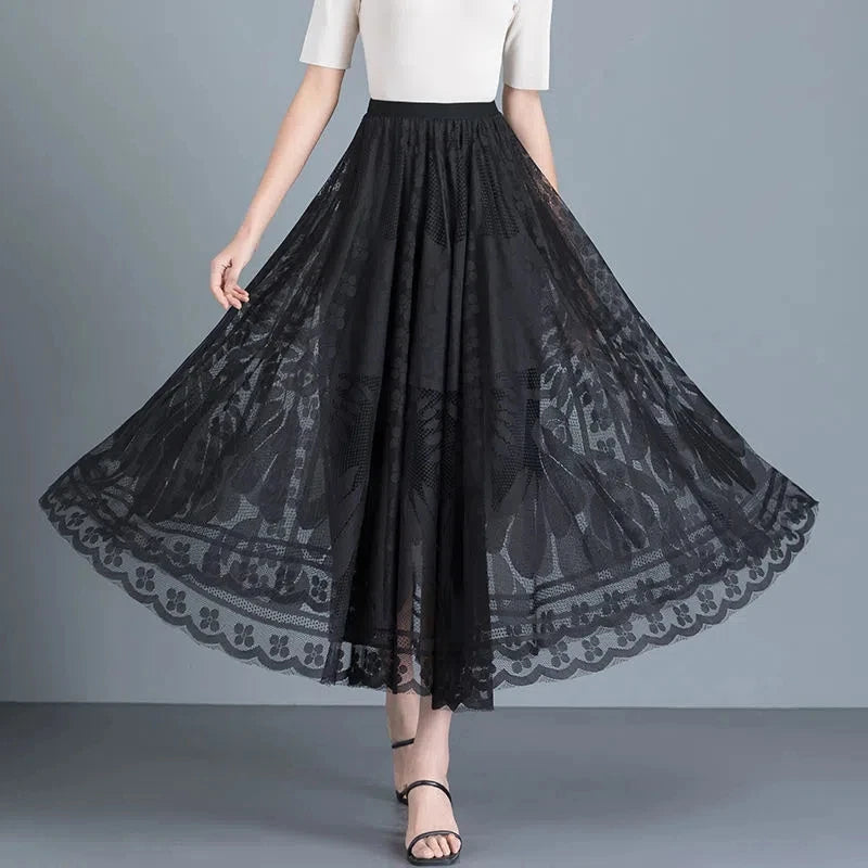Lace Skirt Women's New A-word Long Skirt Big Swing Gauze Hollow Pleated Skirt