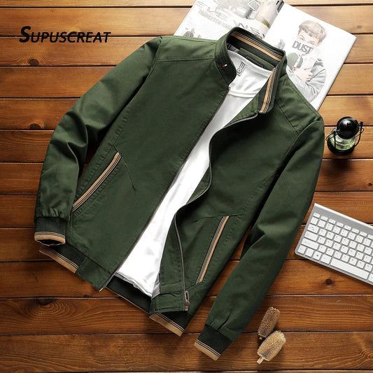 SUPUSCREAT Spring Autumn Men Cotton Jacket Stand Collar Solid Male Fashion Casual Windbreaker Bomber Jacket Coat New Hot Outwear